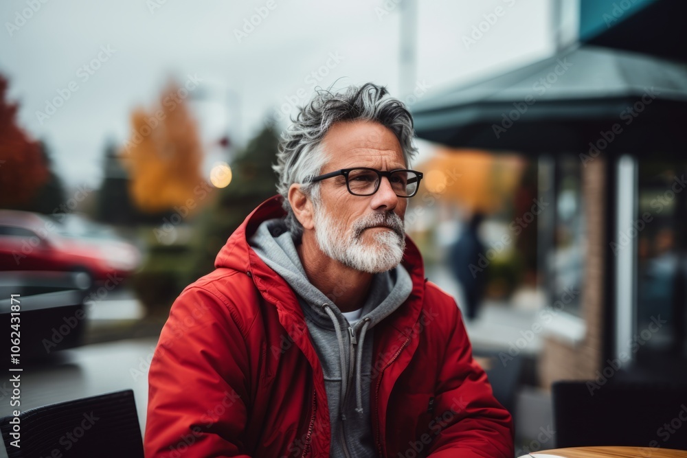 Portrait of senior man in red jacket and eyeglasses sitting at cafe outdoors Portrait of senior man in red jacket and eyeglasses sitting at cafe outdoors