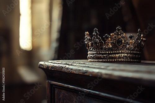 Low-light image capturing an ornate crown resting on a wooden surface. photo