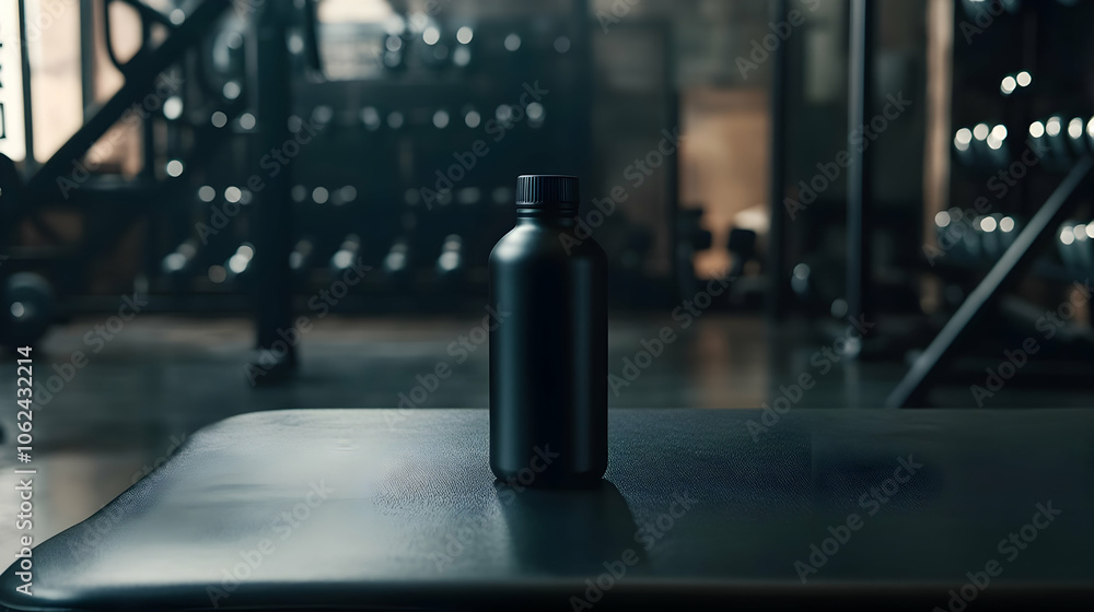 Black metal water bottle in a dimly lit gym setting with blurred equipment.
Black metal water bottle in a dimly lit gym setting with blurred equipment.