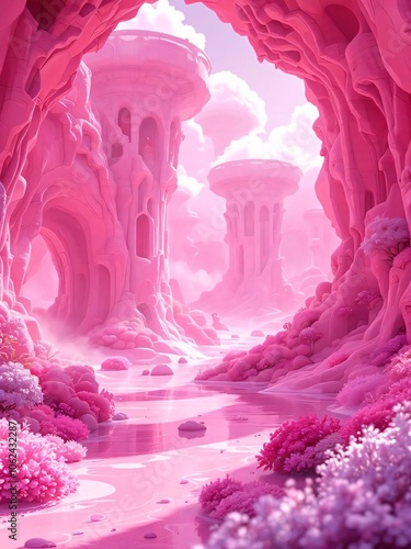 Pink Fantasy World: Surreal Landscape Illustration with Dreamy Pink Tones photo