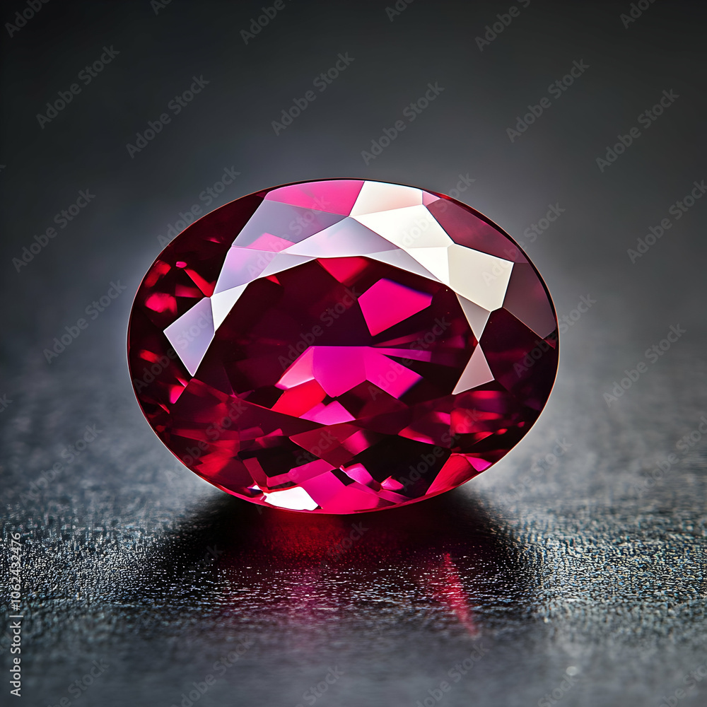 A radiant pink ruby gemstone with faceted edges, resting on a smooth dark surface under bright lighting. A radiant pink ruby gemstone with faceted edges, resting on a smooth dark surface under bright lighting.