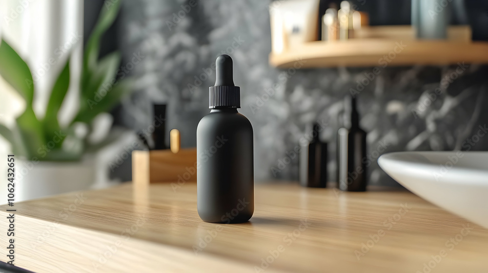 A matte black dropper bottle placed on a wooden surface with blurred bathroom essentials in the background. A matte black dropper bottle placed on a wooden surface with blurred bathroom essentials in the background.