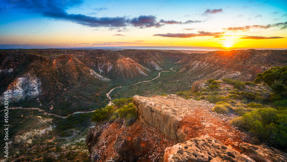 panorama view of sunrise over charles knife canyon, western australia