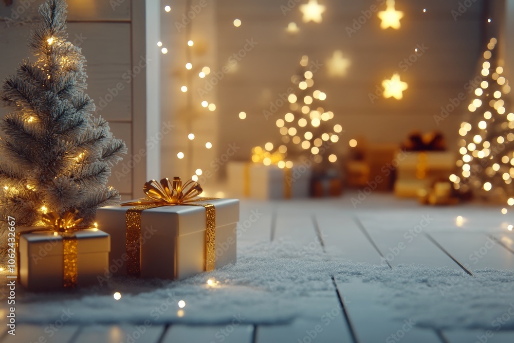 Christmas background with twinkling lights, white wooden paneling, and small pine trees with gold stars and gift box. Presents wrapped in gold paper under warm lighting. Snow-covered ground Christmas background with twinkling lights, white wooden paneling, and small pine trees with gold stars and gift box. Presents wrapped in gold paper under warm lighting. Snow-covered ground