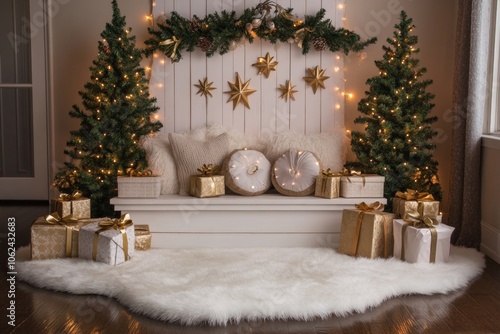 Christmas background with twinkling lights, white wooden paneling, and small pine trees with gold stars and gift box. Presents wrapped in gold paper under warm lighting. Snow-covered ground