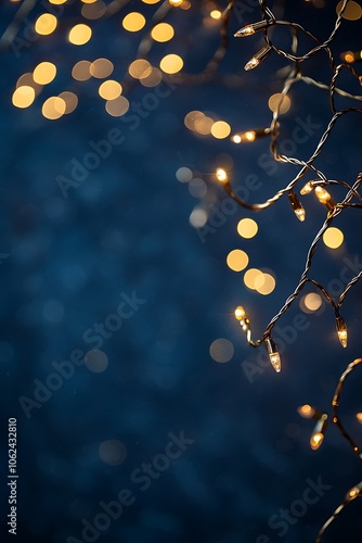 Magical Christmas scene with golden bokeh lights twinkling against a deep navy blue background.