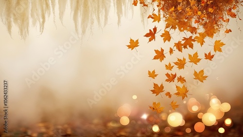 Cozy Autumn Background with Floating Golden Leaves and Soft Bokeh Reflections