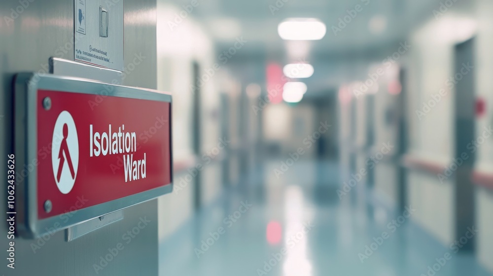 Fototapeta premium A red sign with the words 'Isolation Ward' is mounted on a door in a hospital hallway.