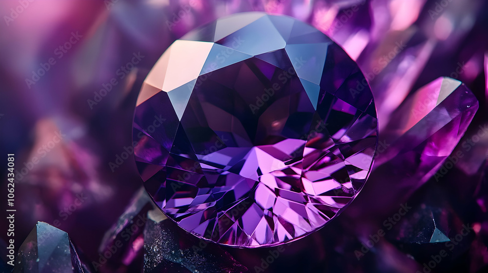 A polished purple gemstone with intricate facets, reflecting light beautifully in a striking manner A polished purple gemstone with intricate facets, reflecting light beautifully in a striking manner