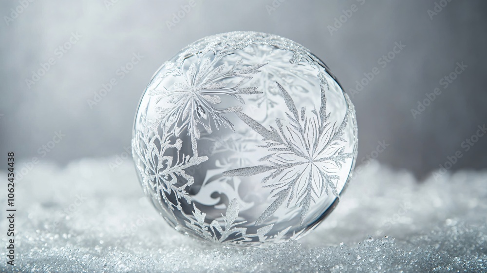 A crystal-clear glass ornament with floating snowflakes inside, accented by frosty patterns on the outer surface, isolated on a silver background A crystal-clear glass ornament with floating snowflakes inside, accented by frosty patterns on the outer surface, isolated on a silver background