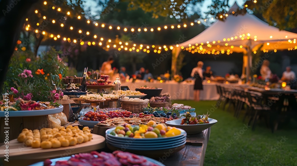 A garden party with colorful lights and a marquee A garden party with colorful lights and a marquee