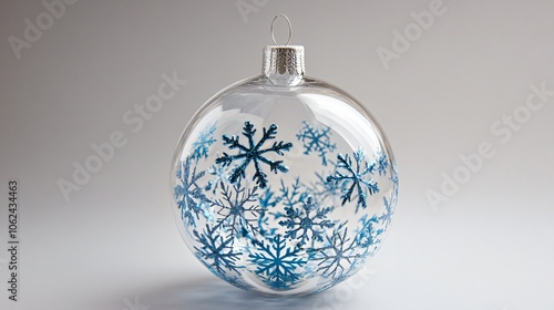 A crystal-clear glass ornament with metallic blue snowflakes floating inside, on a wintry silver-gray background