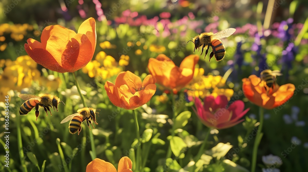 Fototapeta premium A garden where the first flowers are blooming and bees