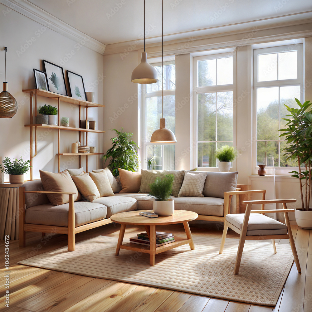 Fototapeta premium a living room with a velvet sofa