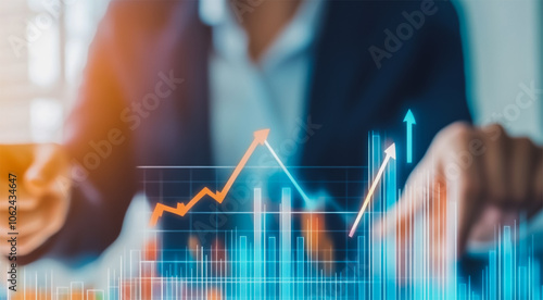 Business person evaluates metrics for charts and graphs with statistics to innovative analyze business potential and forecast future development of companies growth., setting goals for expansion.