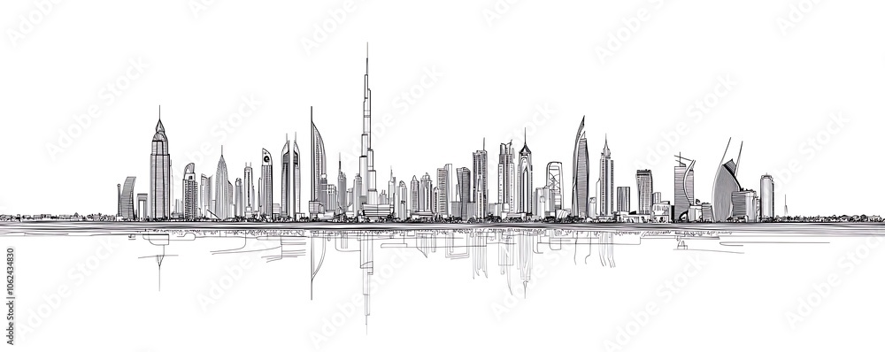 Naklejka premium Minimalist line art skyline of Dubai, continuous single line drawing iconic landmarks.