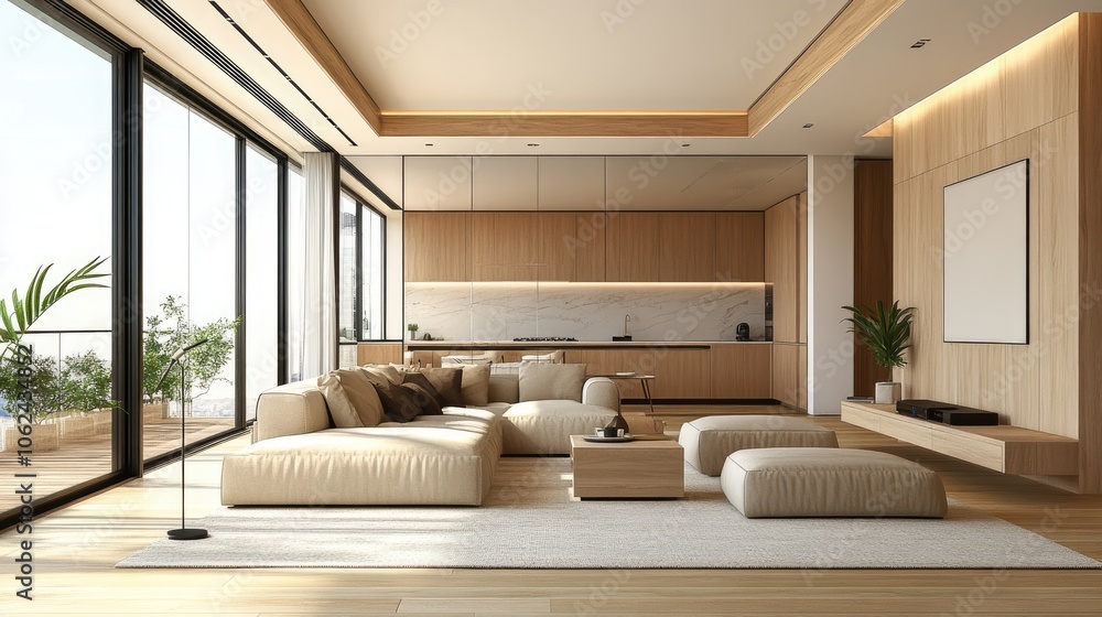 Modern living room with a large sectional sofa, wooden floors, and a view of a balcony. Modern living room with a large sectional sofa, wooden floors, and a view of a balcony.
