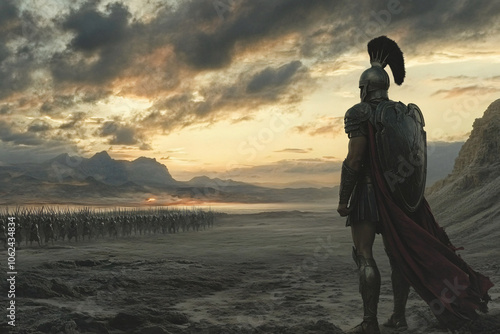 a silhouetted Spartan figure at dawn facing an endless horizon filled with enemy warriors