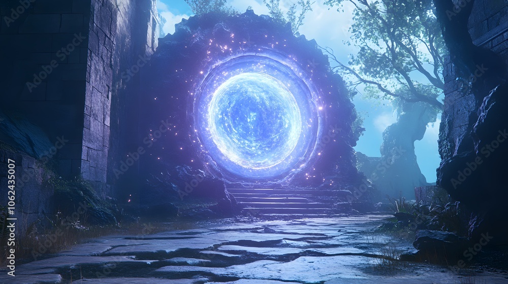 Obraz premium A glowing shimmering portal that appears in an ancient room