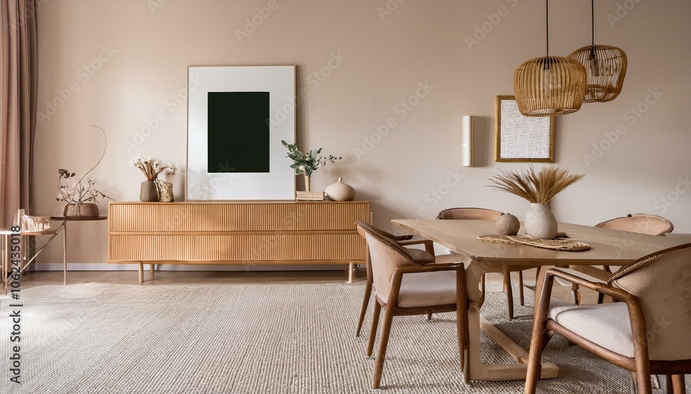 Beige living room interior with sideboard and dining table, mockup frame Beige living room interior with sideboard and dining table, mockup frame