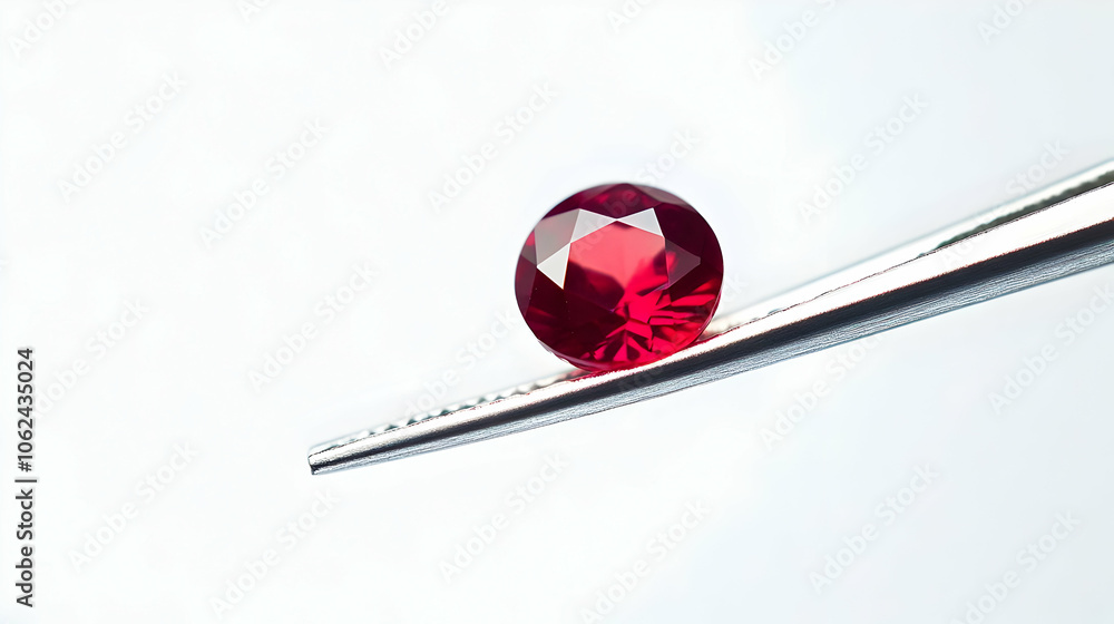 A vivid red gemstone in tweezers, illuminated against a light background, showcasing its vibrant red tones and precise cut A vivid red gemstone in tweezers, illuminated against a light background, showcasing its vibrant red tones and precise cut