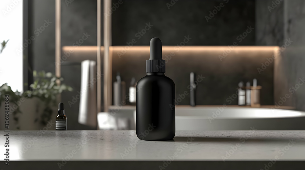 A black dropper bottle on a counter with sleek lighting, exuding a high-end, luxury skincare vibe A black dropper bottle on a counter with sleek lighting, exuding a high-end, luxury skincare vibe