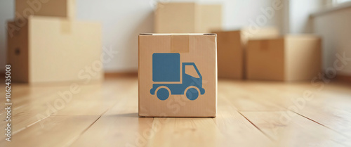 A cardboard box with a blue truck icon stands on a wooden floor with additional boxes blurred in the background. This image represents shipping, delivery, and logistics, ideal for e-commerce or moving