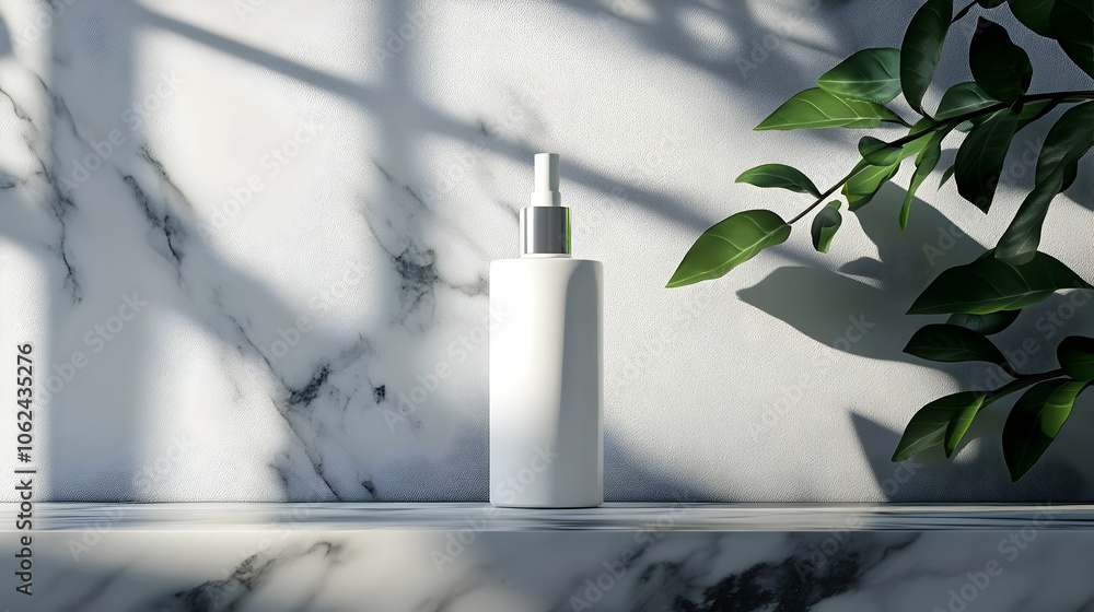 A white pump bottle on a marble surface with green leaves nearby, highlighting a fresh and natural bathroom decor A white pump bottle on a marble surface with green leaves nearby, highlighting a fresh and natural bathroom decor