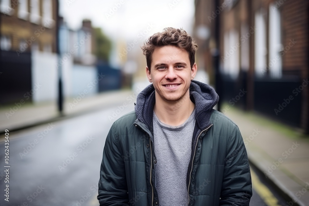 Portrait of a handsome young man smiling on a city street. Portrait of a handsome young man smiling on a city street.