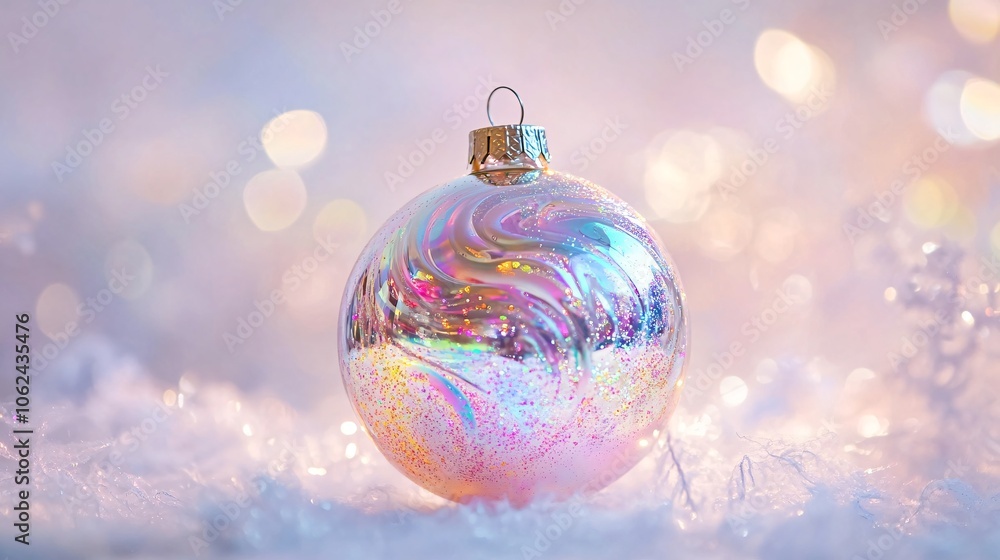 A sparkling glass ball ornament with swirling iridescent glitter inside, giving off rainbow-like reflections on a soft holiday background A sparkling glass ball ornament with swirling iridescent glitter inside, giving off rainbow-like reflections on a soft holiday background