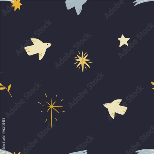 Christmas pattern background with cute hand drawn birds and stars. Vector seamless pattern. Trendy print for textiles, wallpaper and packaging. Perfect for holiday decorations..