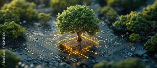 A tree grows on a circuit board, representing the connection between nature and technology.