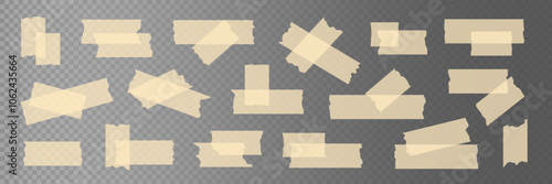 Collection of yellow transparent sticky tape strips with ripped edges. Torn Adhesive scotch stripe isolated. Perfect for layering designs, photos, and note collages