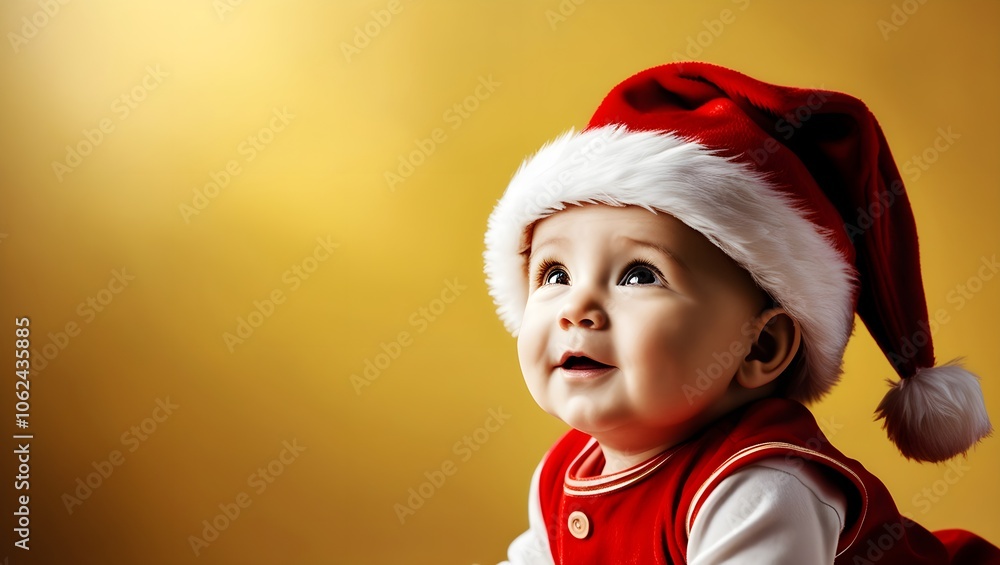 Precious Infant in Santa Hat with Golden Background - Perfect Holiday Scene, Christmas lover play new year fair market Generative AI technology picture Precious Infant in Santa Hat with Golden Background - Perfect Holiday Scene, Christmas lover play new year fair market Generative AI technology picture