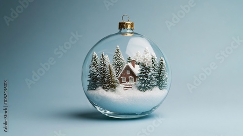 A whimsical glass Christmas ball with miniature winter landscape inside, including snow-covered trees and a tiny cabin, isolated on a gradient blue background