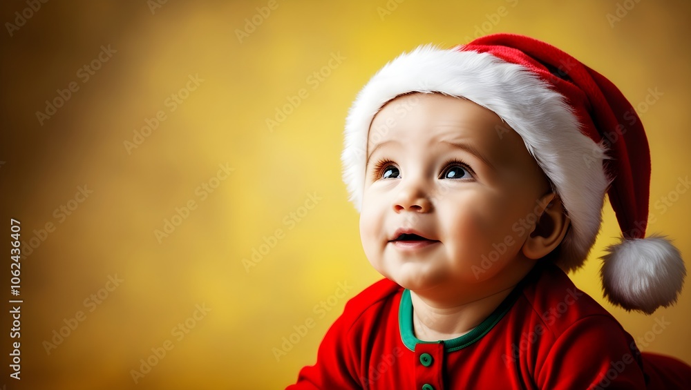 Cute Baby in Santa Hat Smiling Joyfully Against Golden Background - Christmas Magic, Generative AI picture cute adorable little baby toddler age wearing first christmas time sleeping costume Cute Baby in Santa Hat Smiling Joyfully Against Golden Background - Christmas Magic, Generative AI picture cute adorable little baby toddler age wearing first christmas time sleeping costume