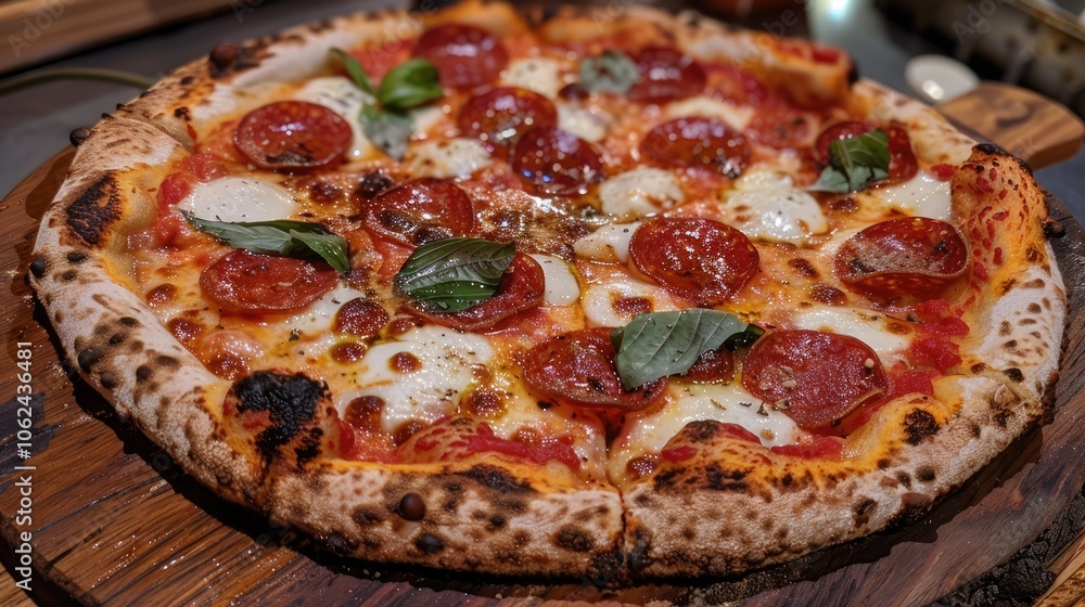 Homemade Neapolitan pizza with pepperoni, fresh mozzarella, and basil from brick oven. Homemade Neapolitan pizza with pepperoni, fresh mozzarella, and basil from brick oven.