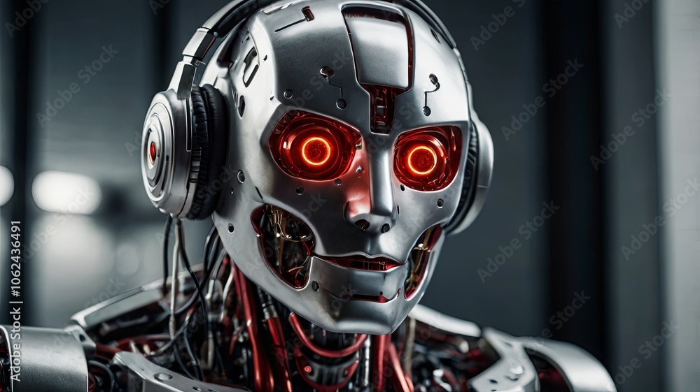 Fototapeta premium Advanced humanoid robot with glowing eyes and headphones in a futuristic setting