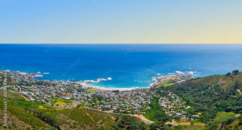 Spring panorama of Clifton, Bakoven, Camps Bay, clear blue sky, Cape Town, South Africa