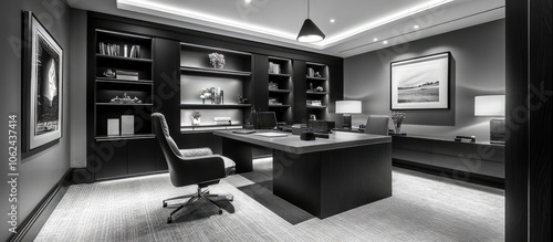 Modern black and white office interior with built-in shelves, a large desk, and a leather office chair.