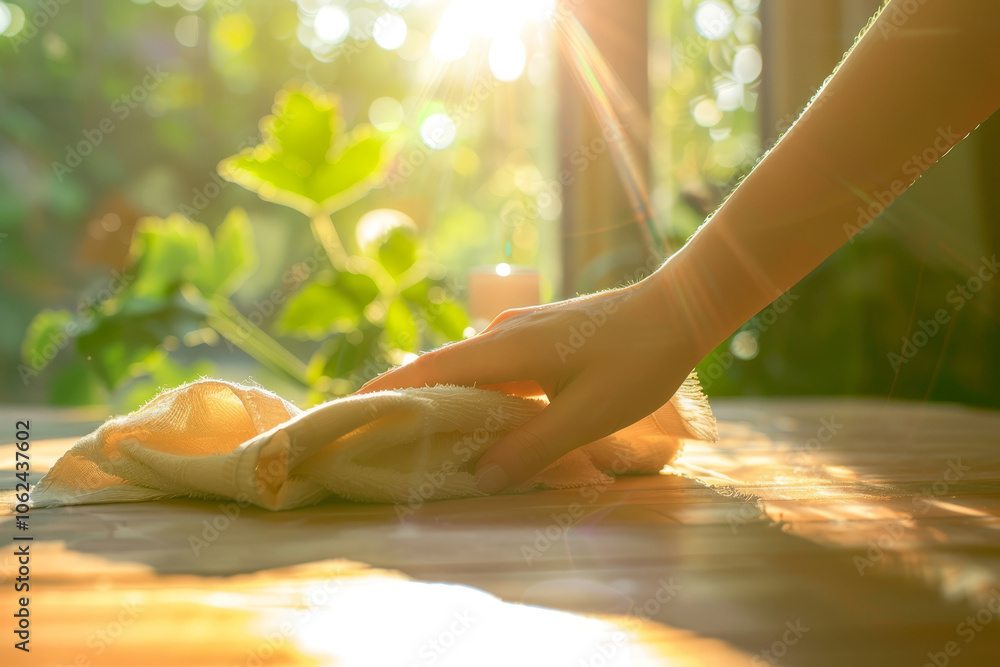 Naklejka premium Hand cleaning a table with a cloth in bright natural sunlight, with green leaves and soft bokeh in the background