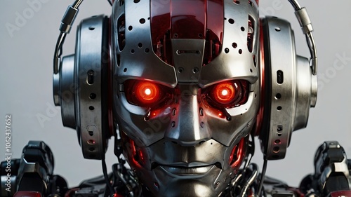 A close-up view of a futuristic humanoid robot with glowing red eyes, showcasing advanced technology and design features in a studio setting