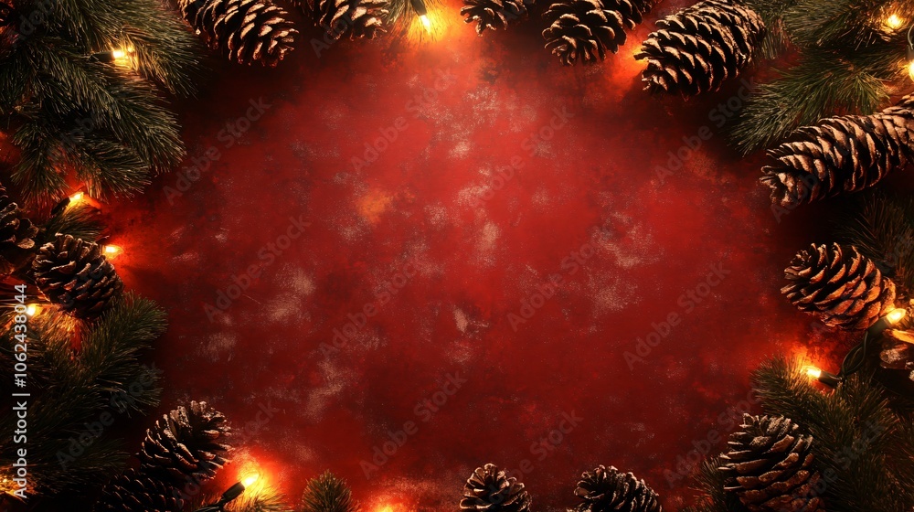 A holiday-themed frame of rustic pine cones and warm lights, isolated on a textured red background with faint candy cane stripes A holiday-themed frame of rustic pine cones and warm lights, isolated on a textured red background with faint candy cane stripes