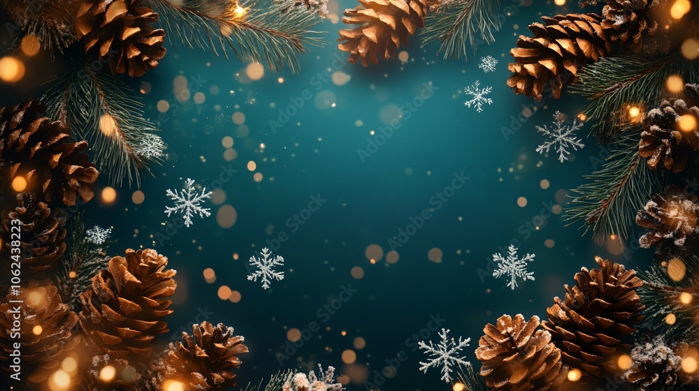 A simple, elegant frame of pine cones and warm lights, isolated on a teal holiday background with delicate snowflake patterns A simple, elegant frame of pine cones and warm lights, isolated on a teal holiday background with delicate snowflake patterns