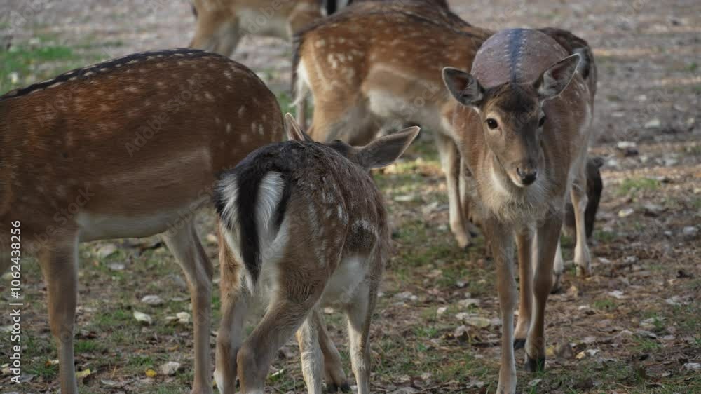 Whitetail spotted young deer herd grazing and looking around slow motion. Young true deer grazing in the wild. Whitetail sika deer walking in forest Whitetail spotted young deer herd grazing and looking around slow motion. Young true deer grazing in the wild. Whitetail sika deer walking in forest
