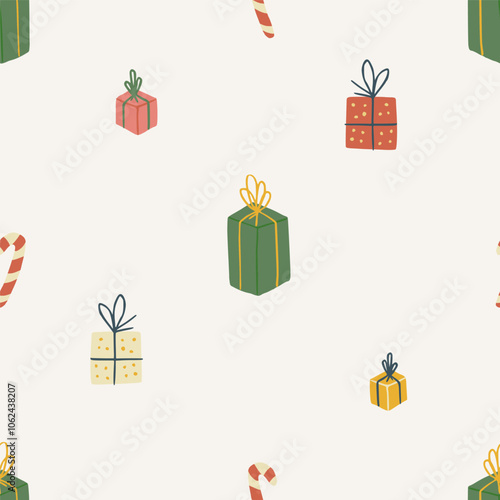Christmas pattern background with cute hand drawn gift boxes with bows and candy canes. Vector seamless pattern. Trendy print for textiles, wallpaper and packaging