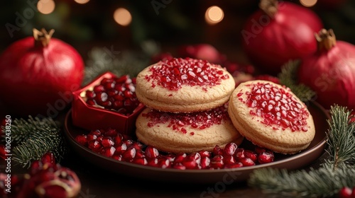 A close-up of three cookies topped with pomegranate seeds on a brown plate with pomegranate fruit and seeds around them.