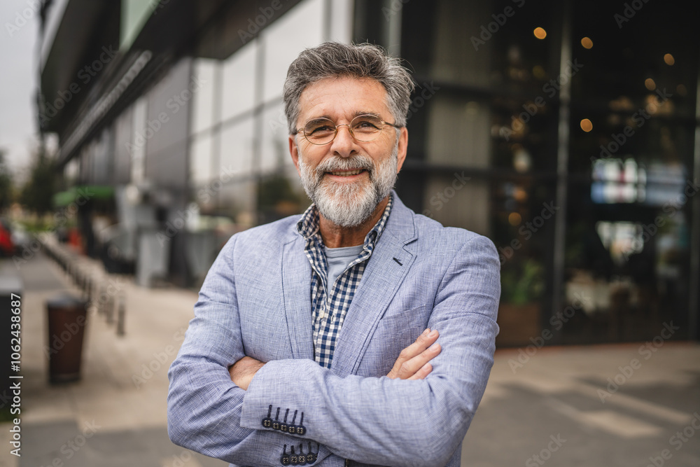 Portrait of senior man businessman arm crossed outdoor Portrait of senior man businessman arm crossed outdoor