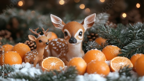 Two adorable deer figurines surrounded by oranges, pine branches, pine cones, and snow with warm bokeh lights in the background.