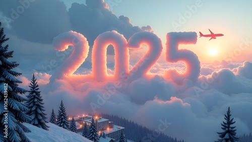 2025 written in the clouds, with a glowing pinkish-orange color from the sunrise or sunset. An airplane is flying past the numbers against a beautiful sky filled with clouds.  photo